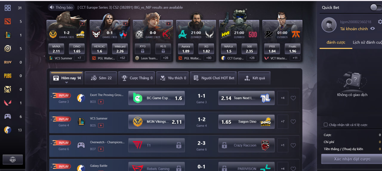 Tại sảnh eSports của nhà cung cấp E1, bạn có thể trải nghiệm vô số bộ môn như PUBG, LOL, CSGO,...