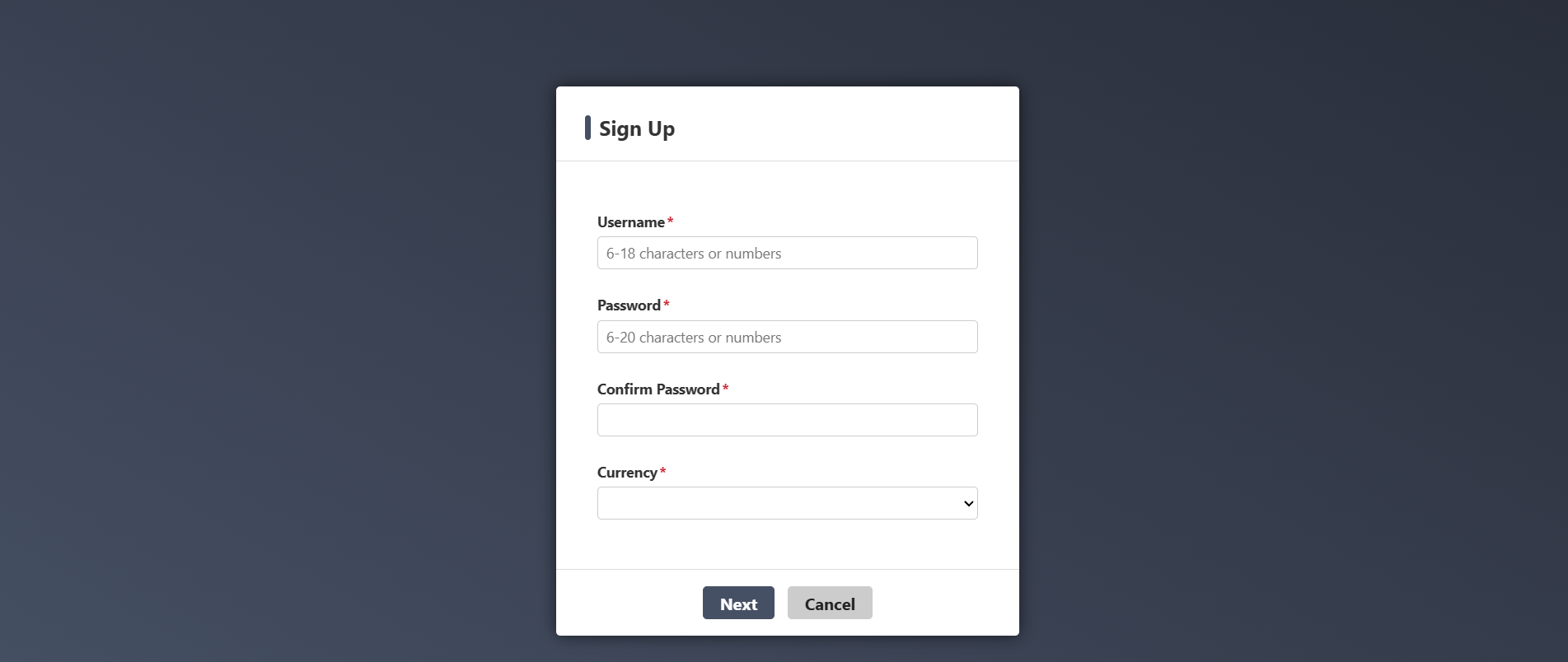 Bước 3: Hoàn thành thông tin theo yêu cầu gồm Username, Mật khẩu, Tiền Tệ và Email