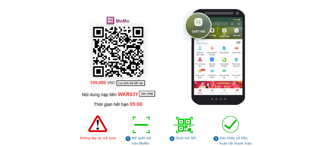 Ví điện tử Momo, Zalo Pay được sử dụng để thực hiện các thao tác nạp tiền 