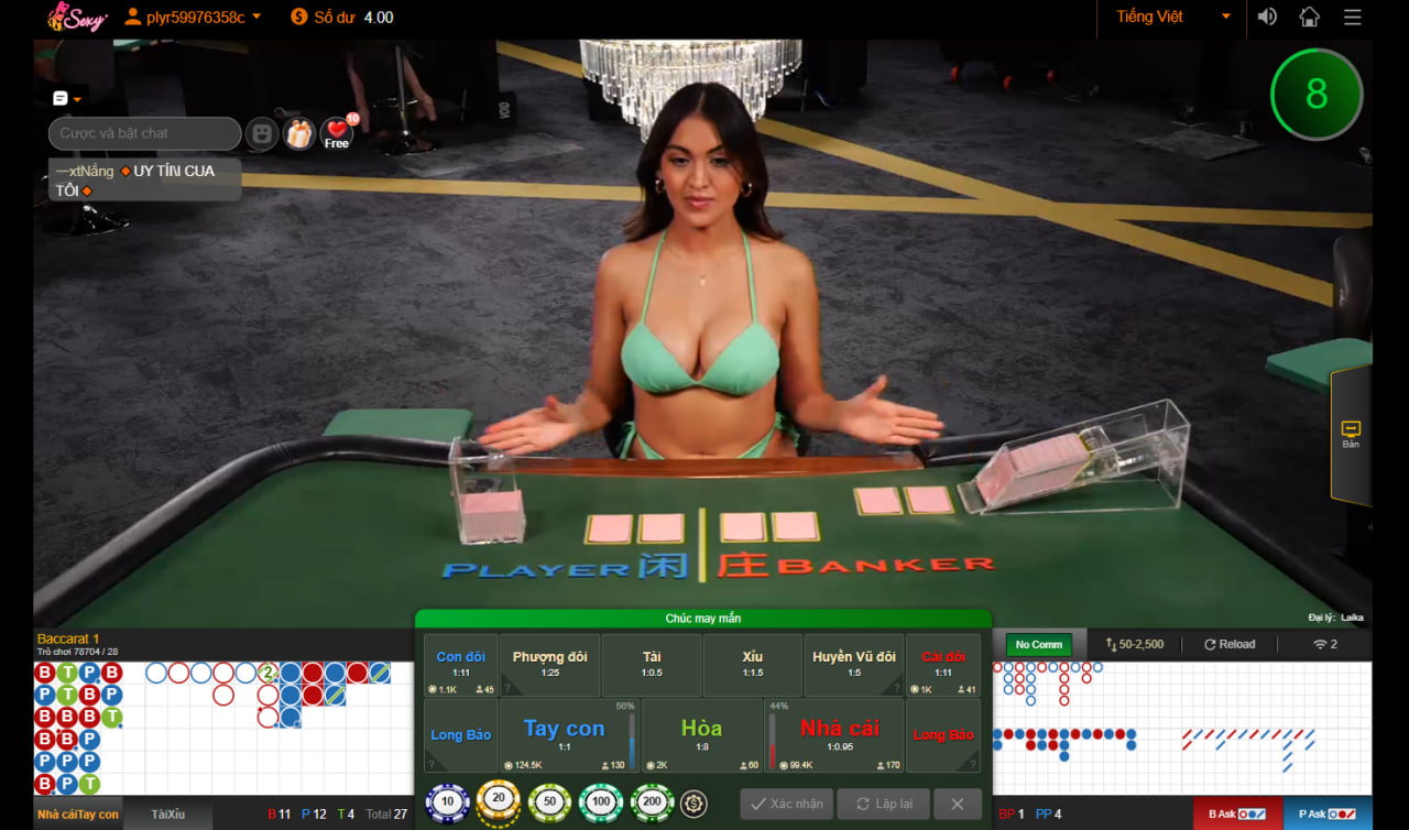 Sảnh Ae Sexy Casino nổi bật với các bàn chơi có các bạn Dealer mặc Bikini 2 mảnh mát mẻ
