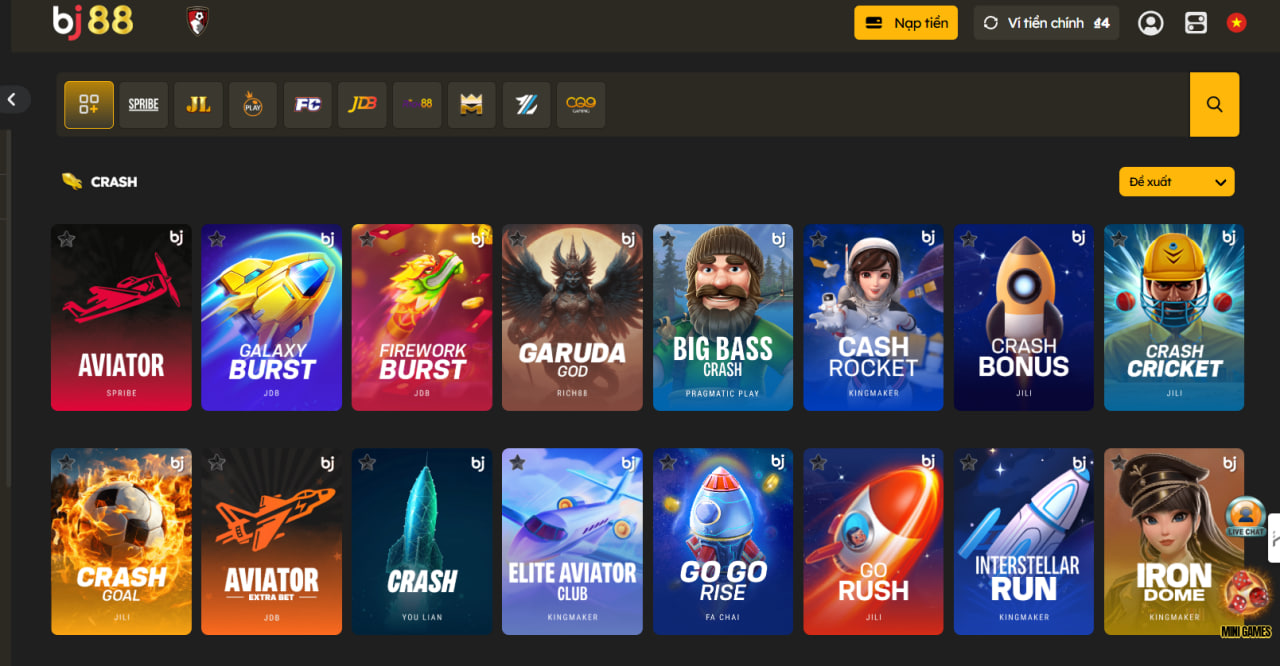 Sảnh Crash Game BJ88 có đa dạng trò chơi để bạn lựa chọn