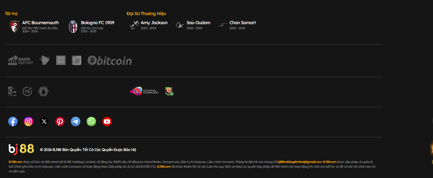 BJ88 Holdings Limited, số đăng ký: 15839, địa chỉ đăng ký: Hamchhako, Mutsamudu, Đảo tự trị Anjouan, Liên minh Comoros. 